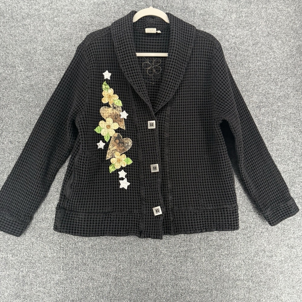Focus Jacket Womens L Black Floral Patchwork Button up Textured Lagenlook Artsy